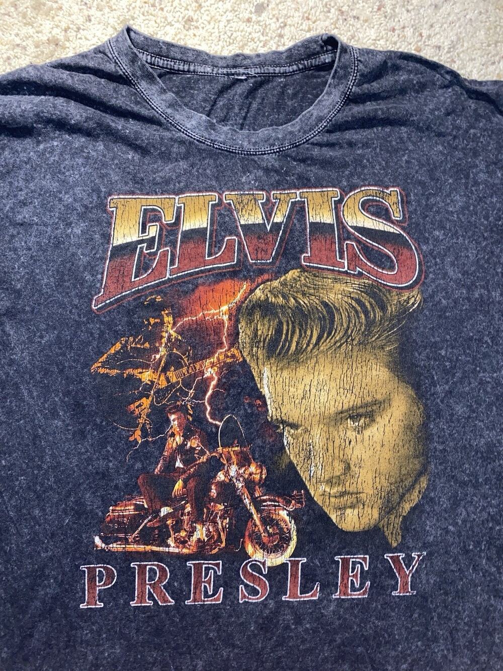 Young Elvis Presley Mens Adult XL Black Acid Wash Motorcycle Graphic Tee Shirt